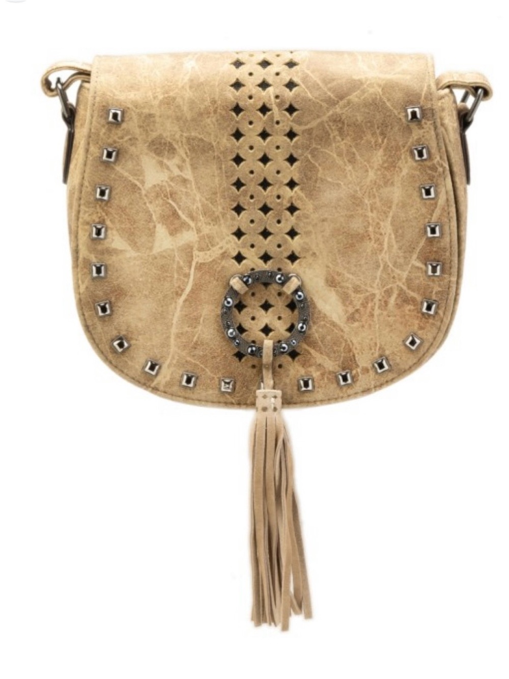Distressed Tan Suede Crossbody Saddle Bag with Tassel Accent